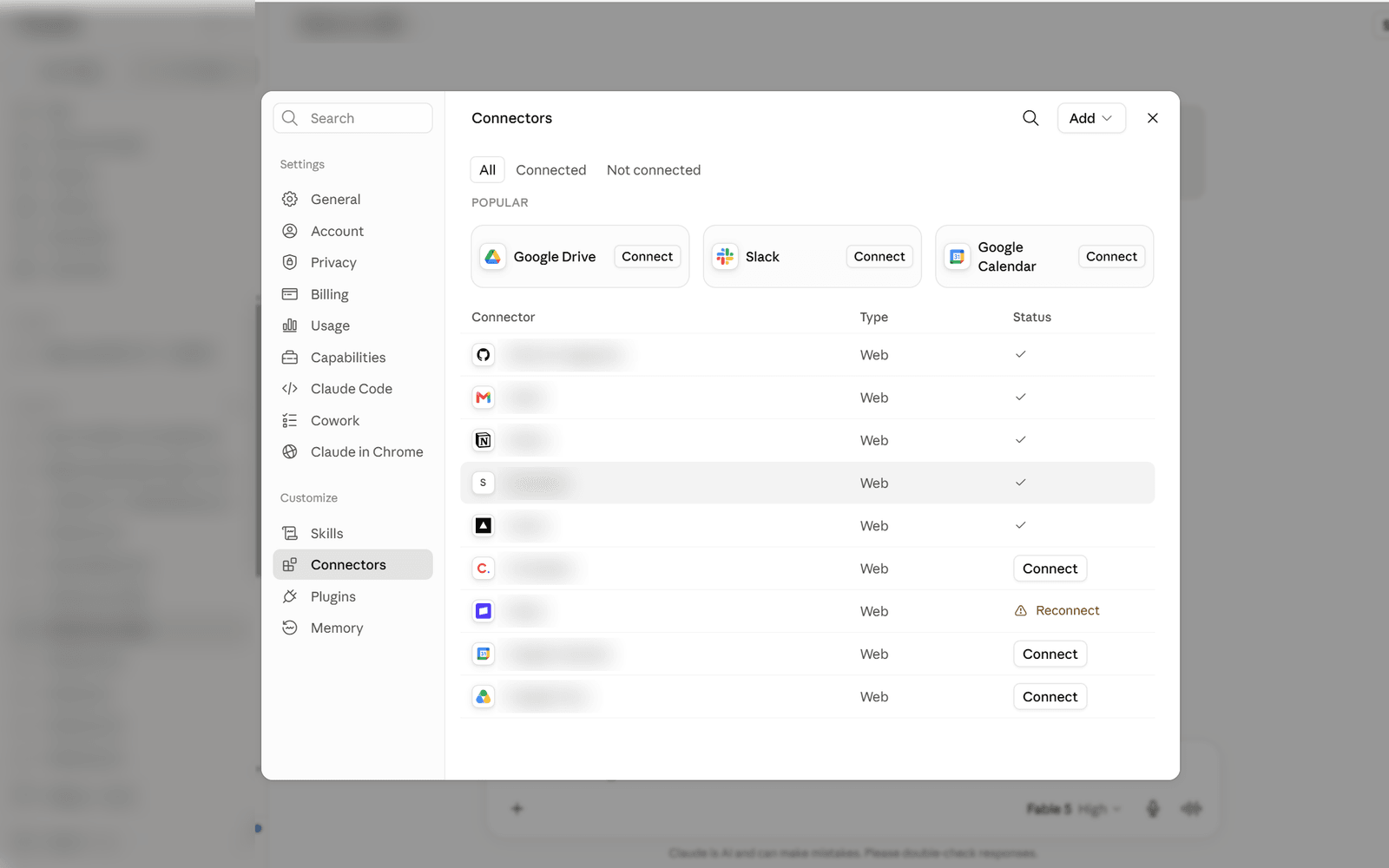 Claude settings showing the connector list under Customize