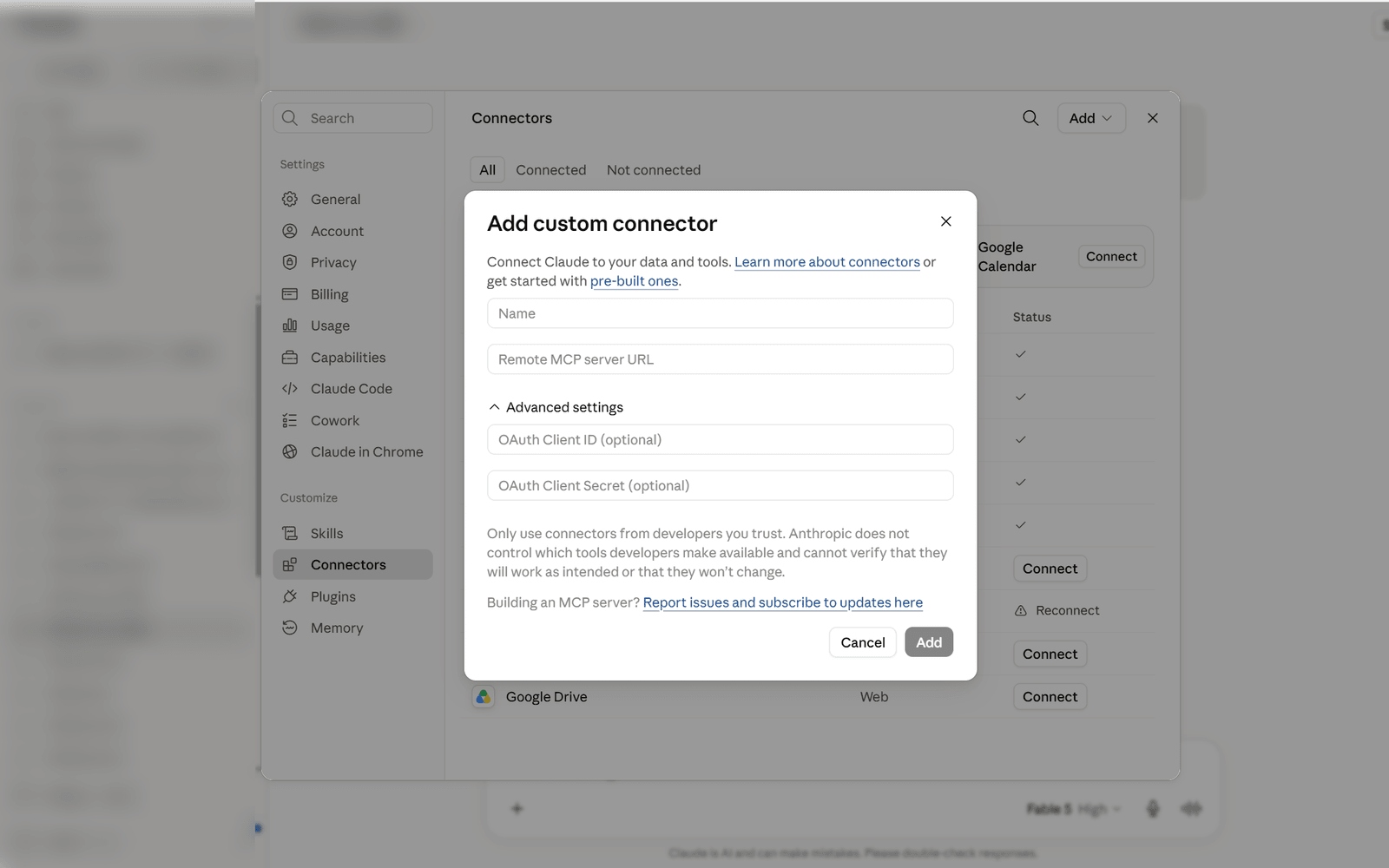 The Add custom connector dialog
