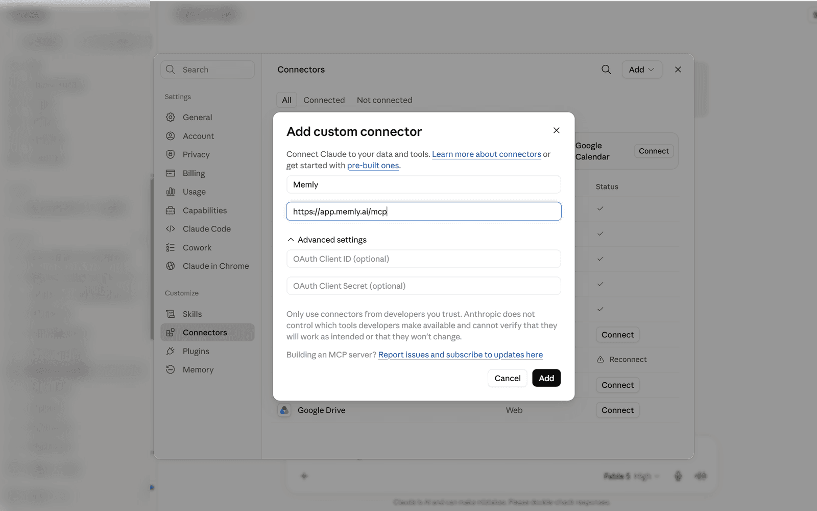 The dialog with the name and URL filled in