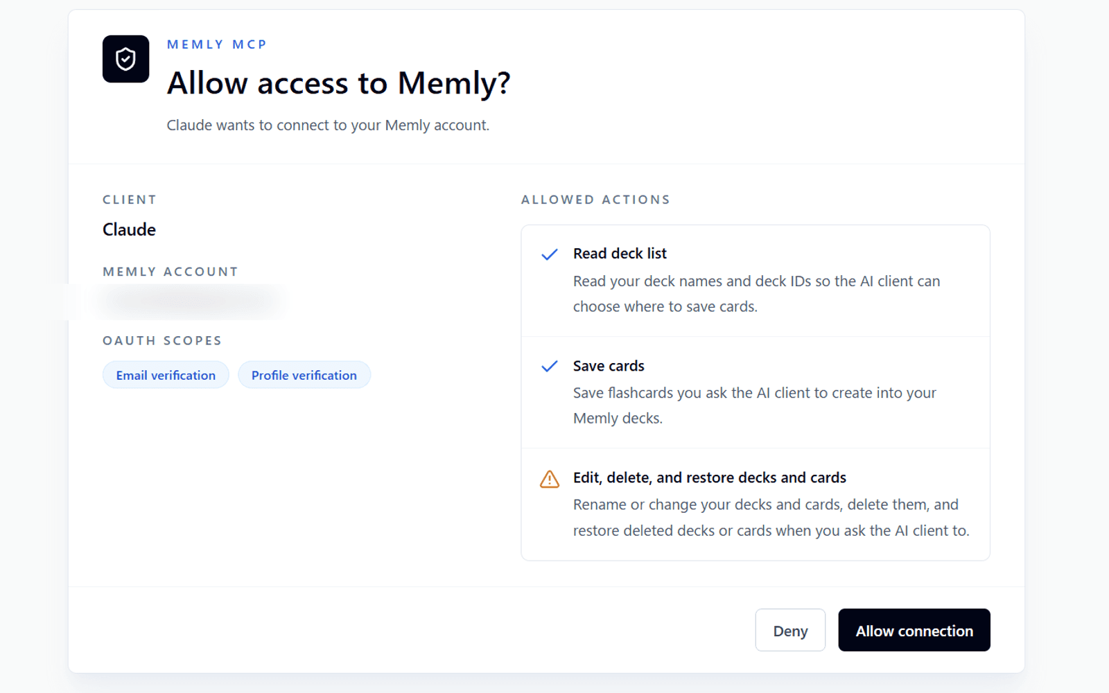 Memly's authorization screen showing which app is asking and what it may access