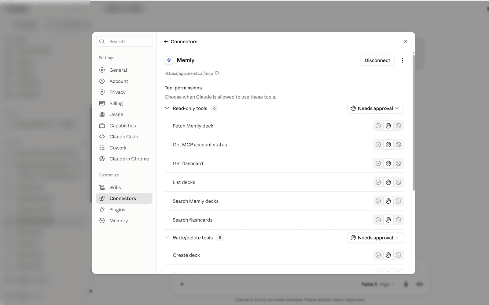 The connected Memly connector with its tool list