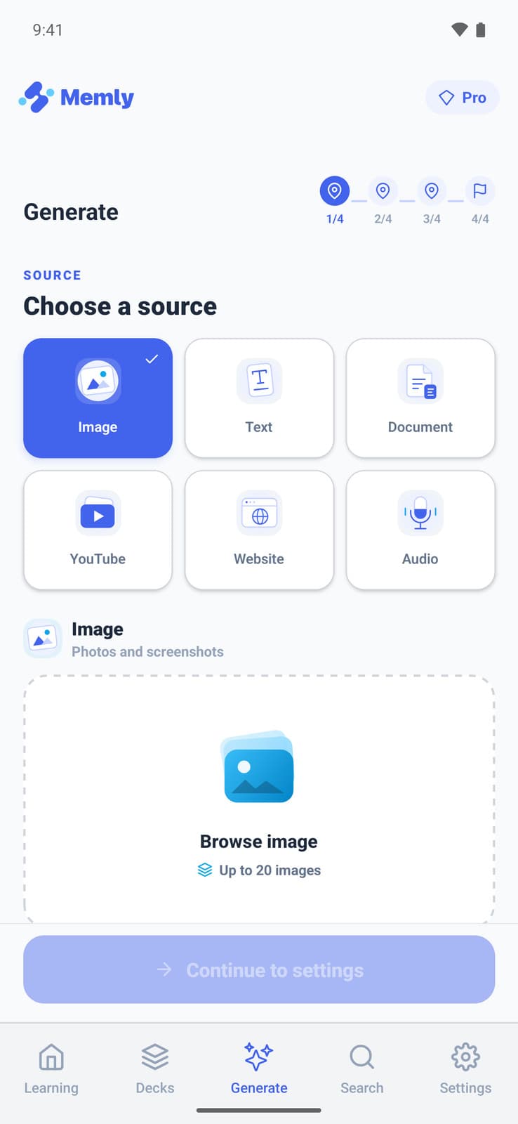 Memly screen for generating AI flashcards from six types of study materials