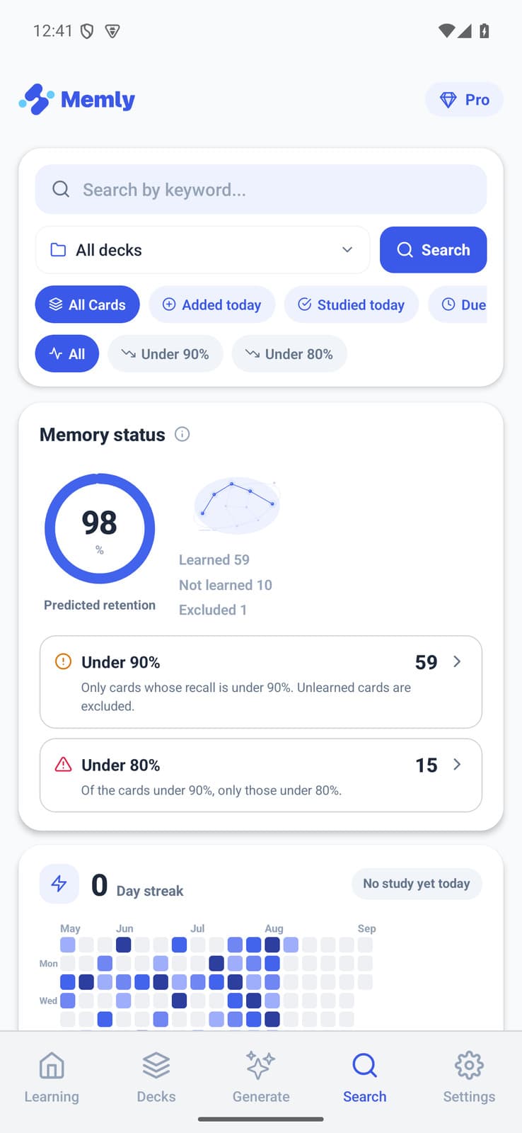 Memly search screen showing predicted retention and a review-status filter