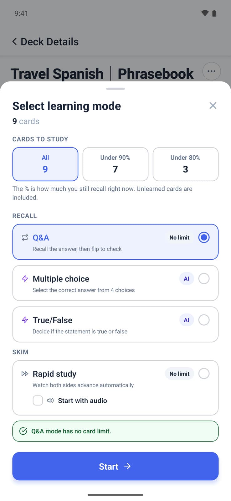 Memly study mode selector with recall, multiple choice, true or false, and rapid study