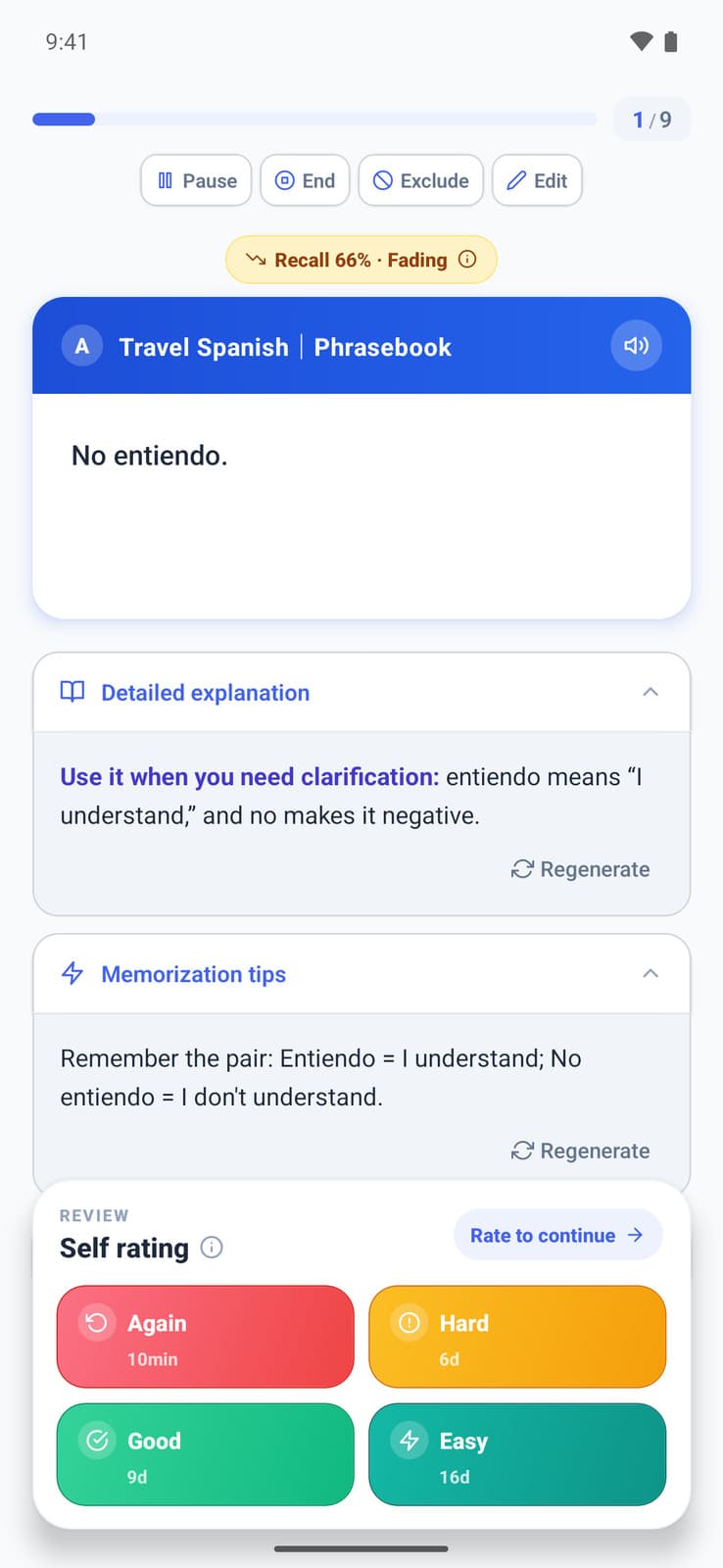 Memly study screen with a detailed AI explanation, memory tip, and review ratings