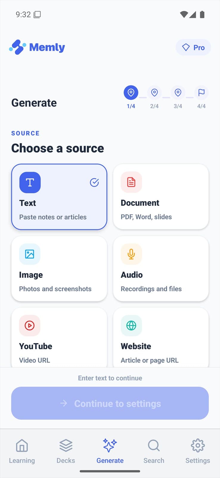 Memly screen for generating AI flashcards from six types of study materials