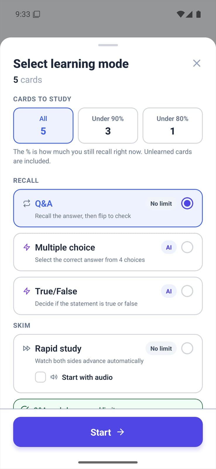Memly study mode selector with recall, multiple choice, true or false, and rapid review