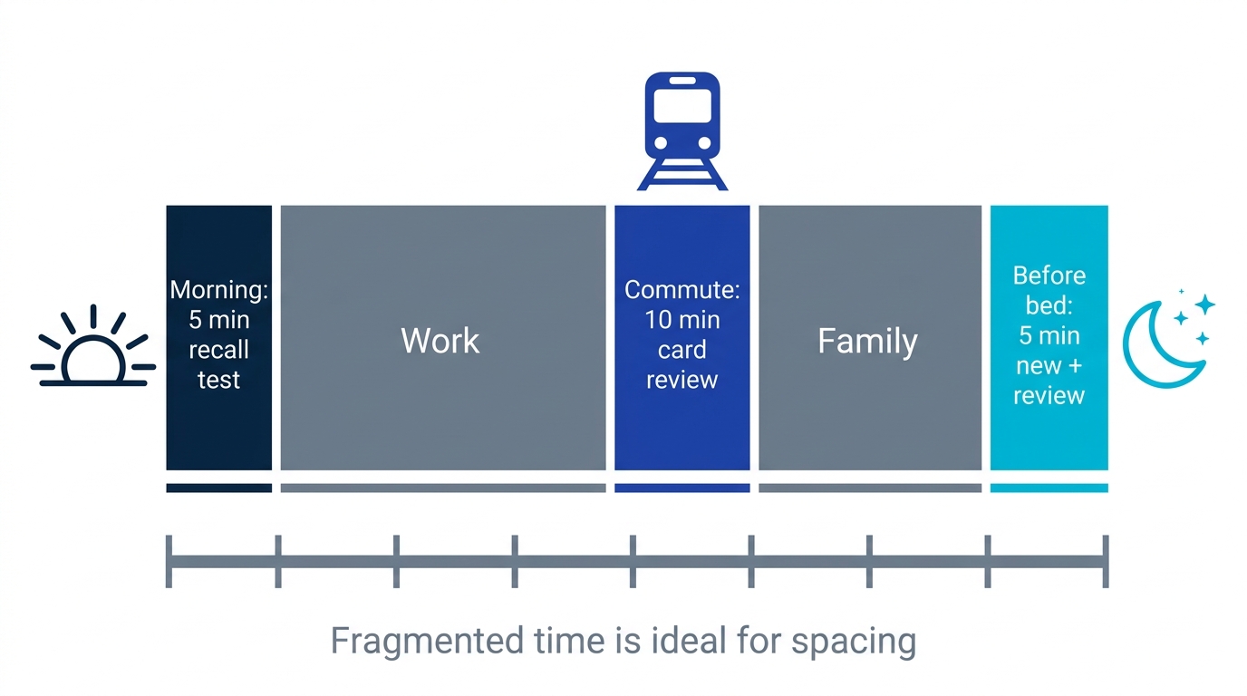 An adult's distributed daily review routine: five minutes in the morning, ten on the commute, five before bed