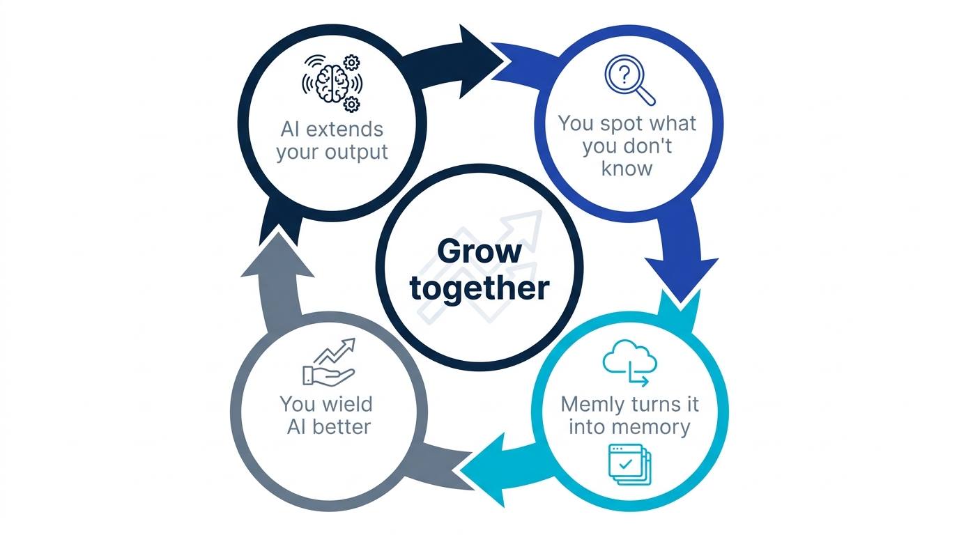 Cycle diagram of human and AI growing together - AI extends your output, you spot what you don't know, Memly turns it into memory, you wield AI better