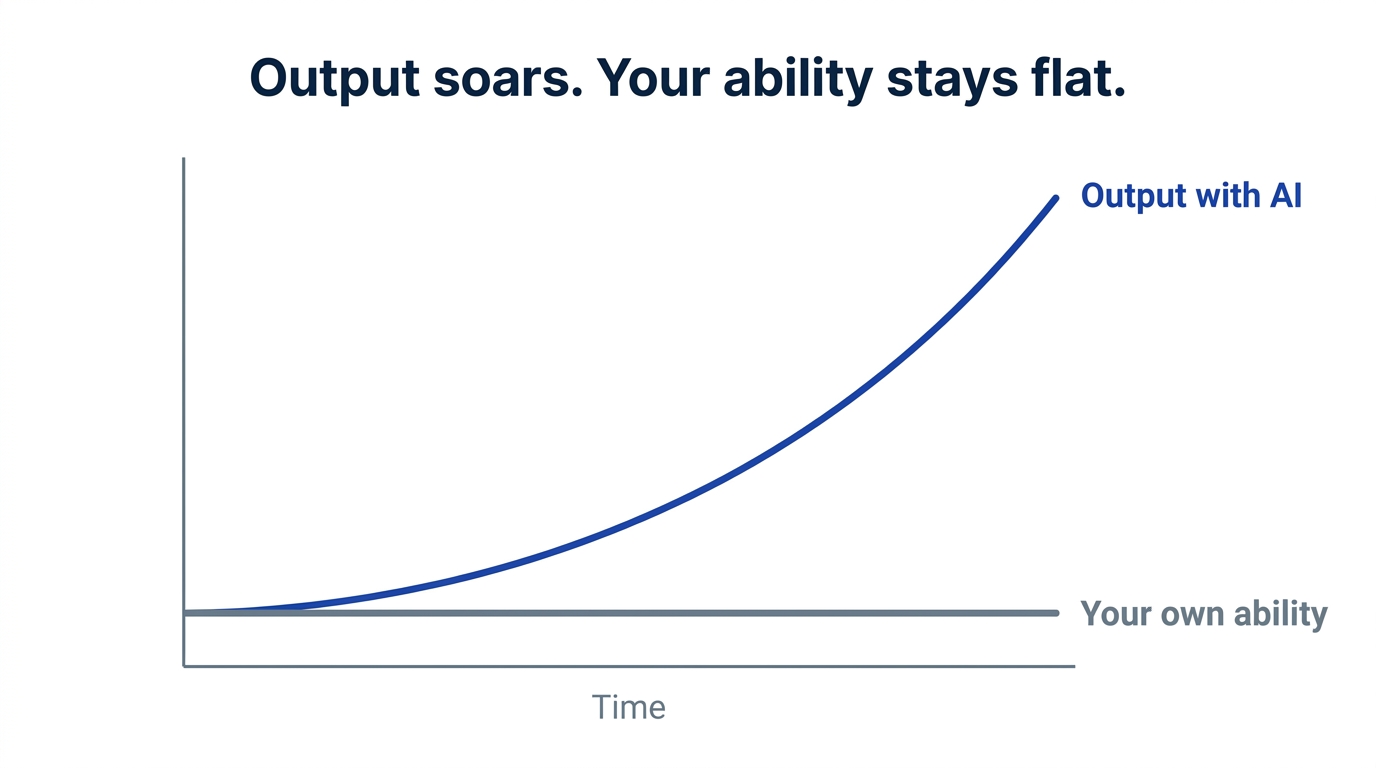 Line chart showing output with AI soaring while your own ability stays flat over time