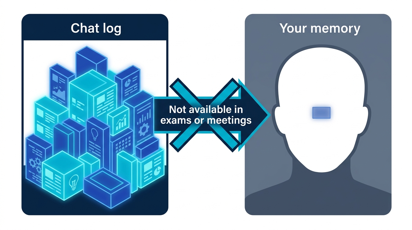 Diagram contrasting knowledge accumulating in the AI chat log versus almost nothing accumulating in your own memory