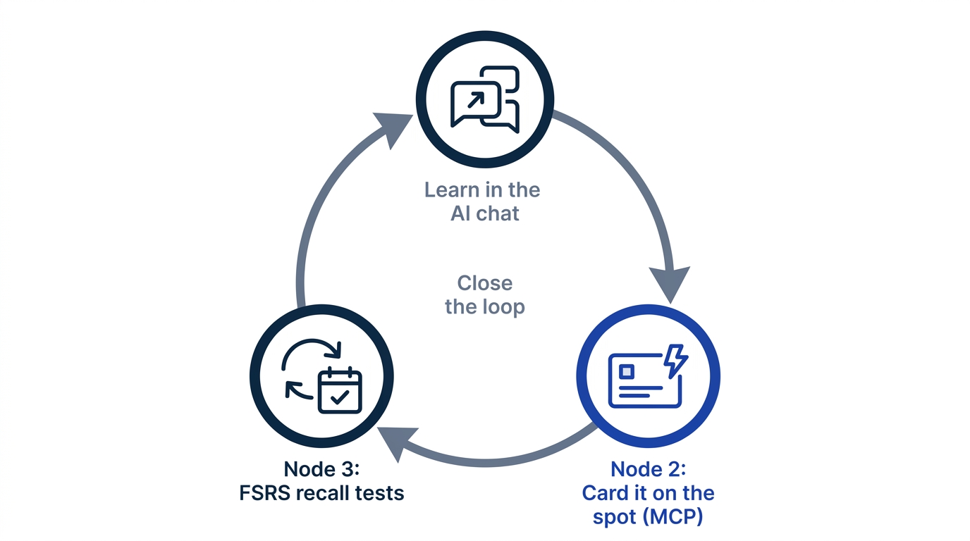 Three-step close-the-loop diagram: learn in an AI conversation, capture it as cards on the spot, FSRS automates the recall tests
