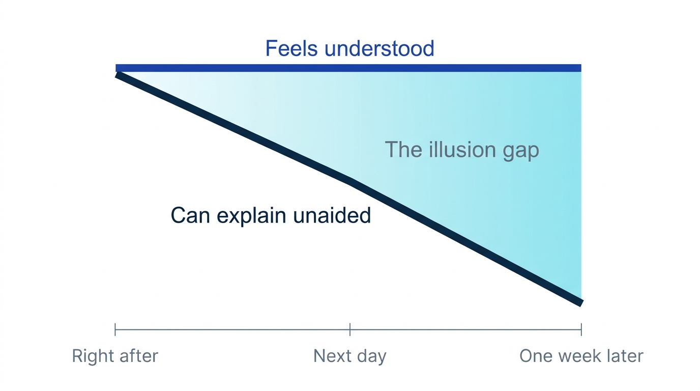 Conceptual chart of the gap between felt understanding right after an AI explanation and what you can explain unaided one week later