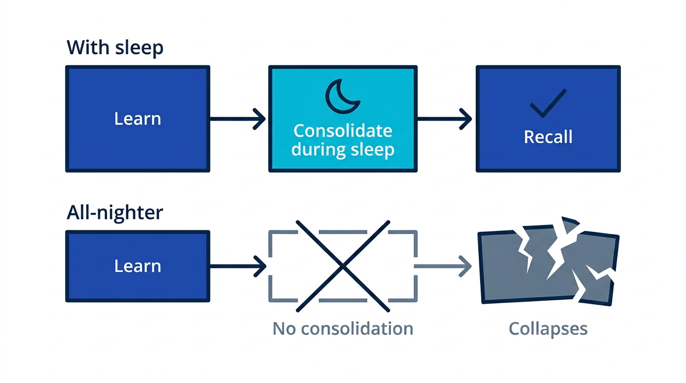 Diagram of the memory pipeline: learn, consolidate during sleep, recall; the all-nighter removes the consolidation step