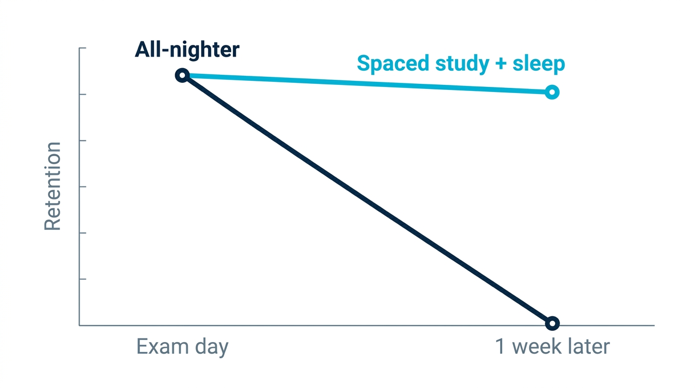 Chart comparing an all-nighter with spaced study plus sleep: crammed memory plunges within a week while spaced memory holds