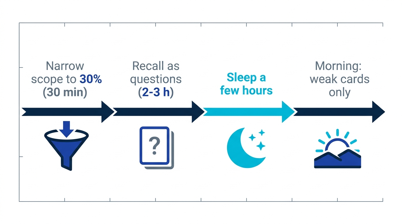 Damage-control timeline for the night before an exam: narrow the scope, practice recall, sleep a few hours, review weak cards in the morning