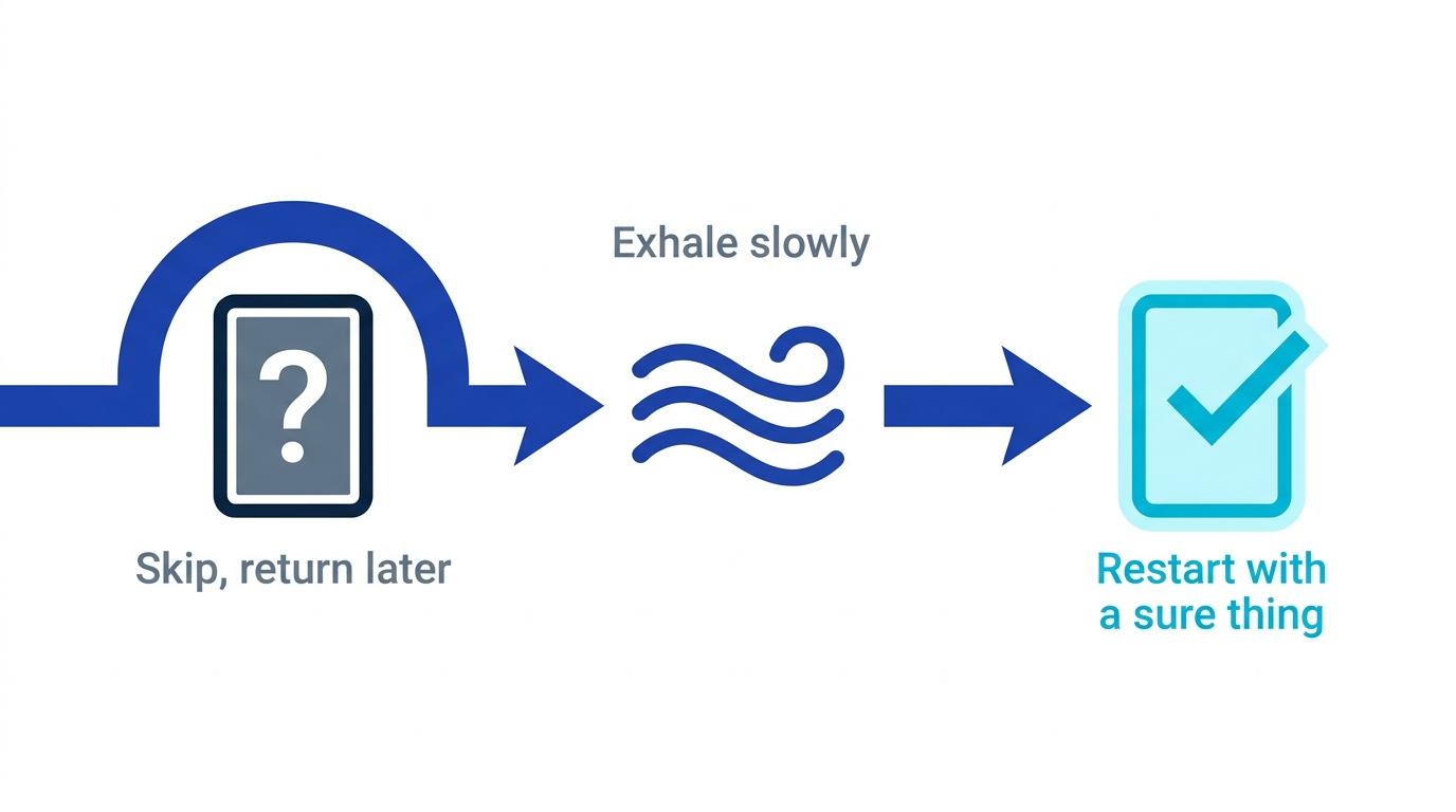 Three-step protocol for going blank in an exam: skip and return, exhale slowly, restart from one easy question