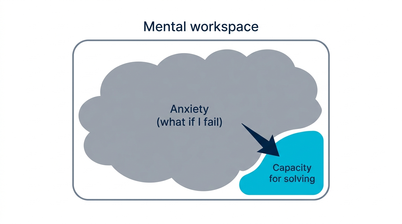 Diagram of anxiety occupying mental workspace, shrinking the capacity available for solving exam questions