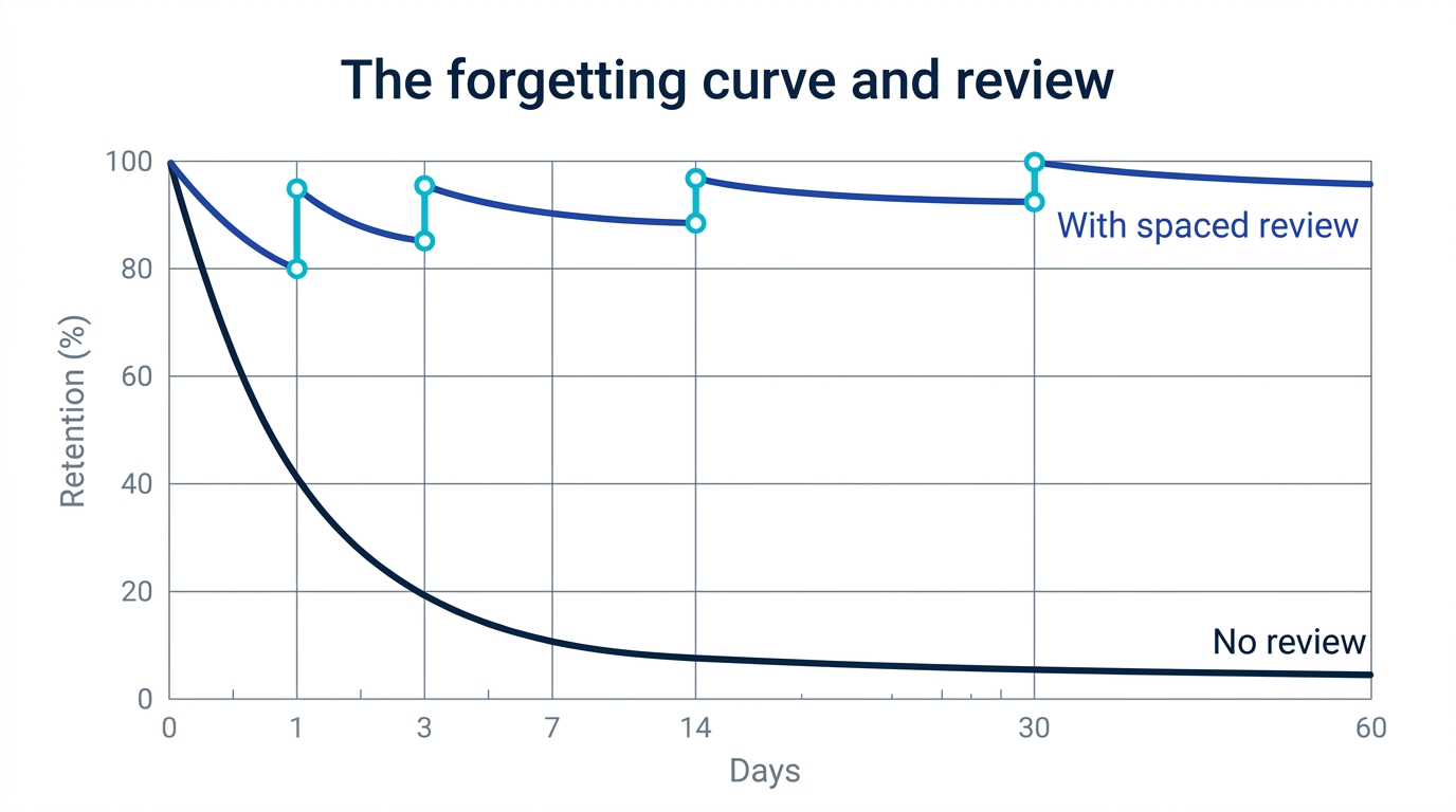 Forgetting curve diagram showing steep decay without review and high sustained retention with spaced review
