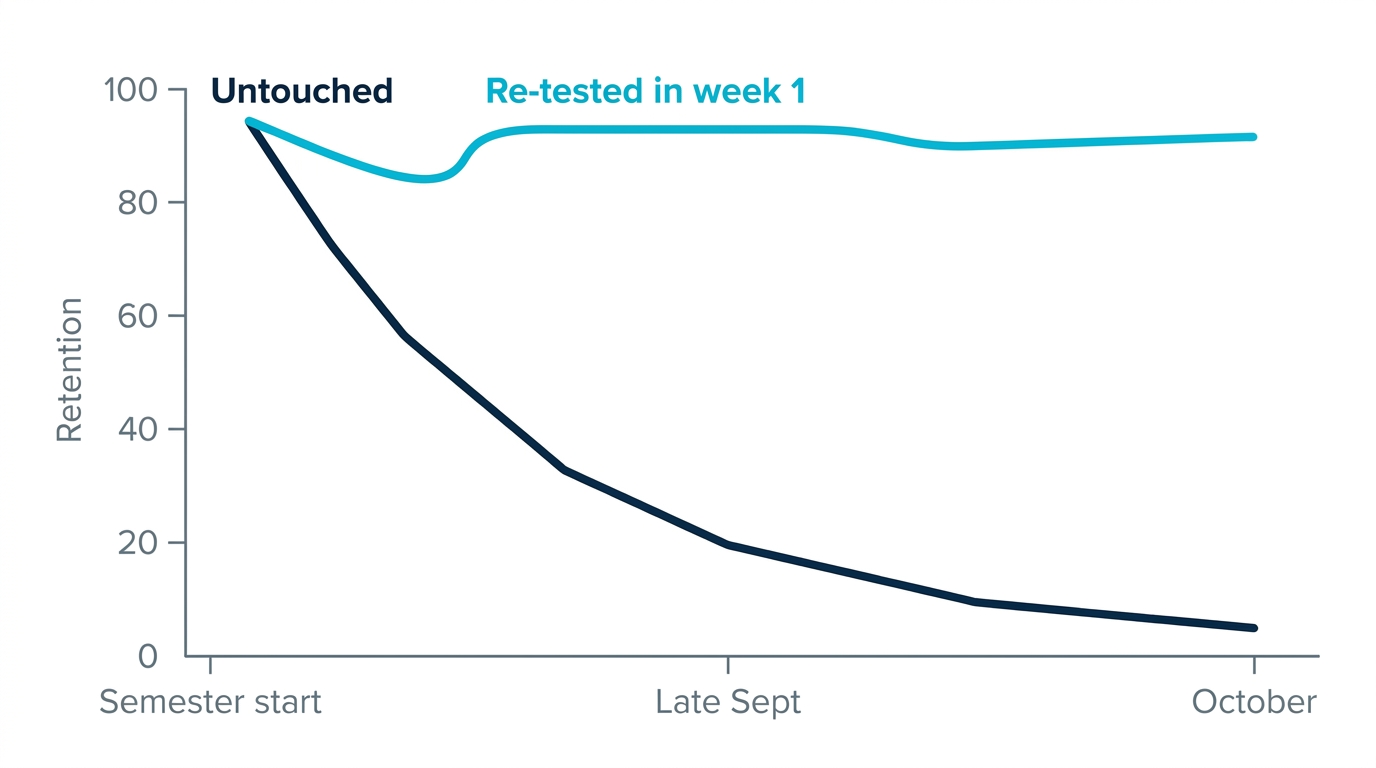 Chart of summer knowledge after the semester starts: it decays rapidly if untouched, but holds if re-tested in the first week