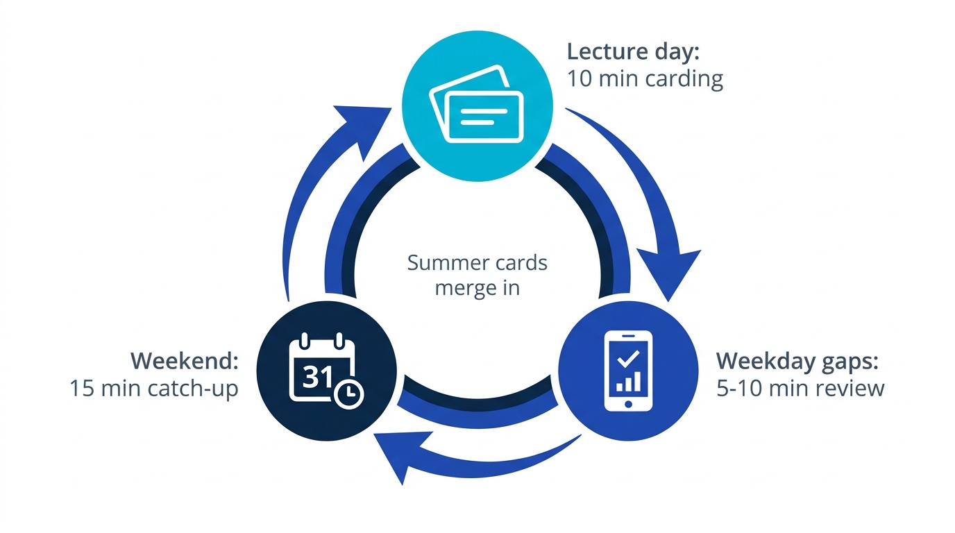 Weekly semester loop: lecture-day carding, short weekday reviews, weekend catch-up, with summer knowledge merged into the same flow
