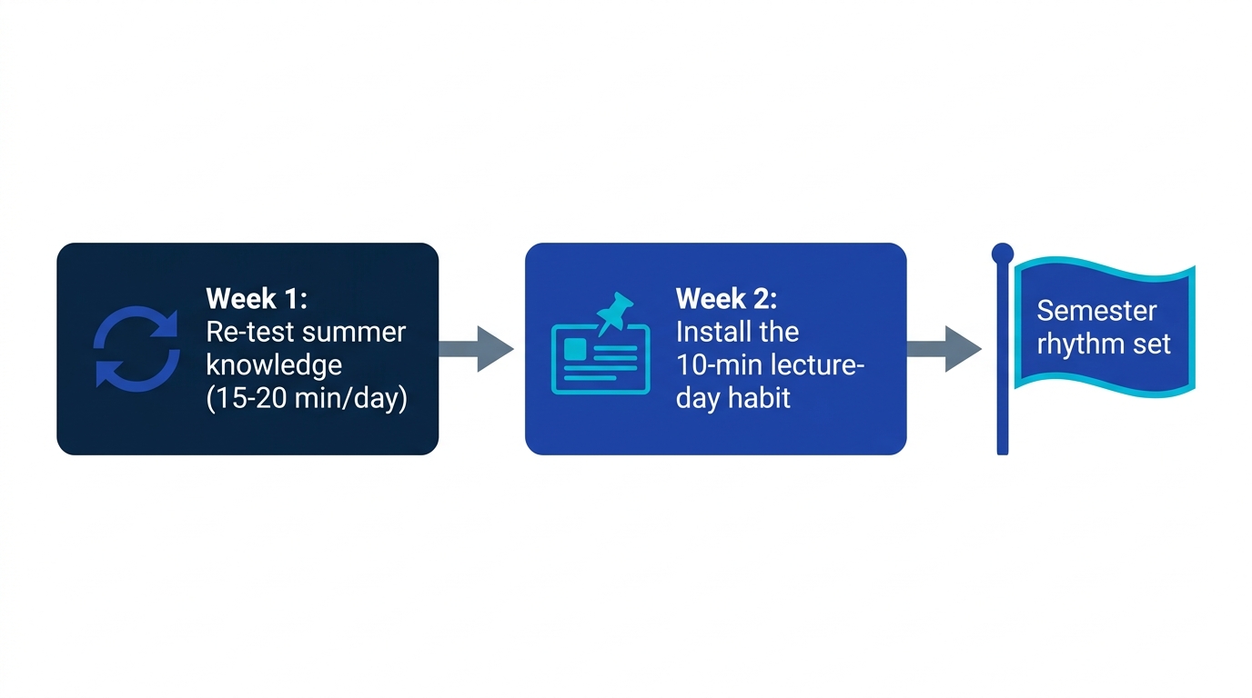 Two-week setup plan after the semester starts: week one re-tests summer knowledge, week two installs the lecture-day carding habit