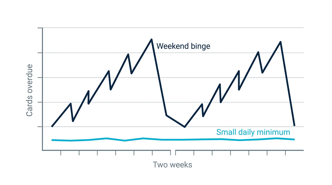 Chart comparing weekend binge reviewing with a small daily minimum: smaller sessions spread the workload over time