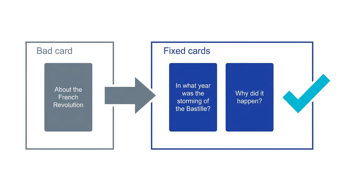 Before-and-after examples turning vague or overloaded flashcards into single-fact, unambiguous recall questions