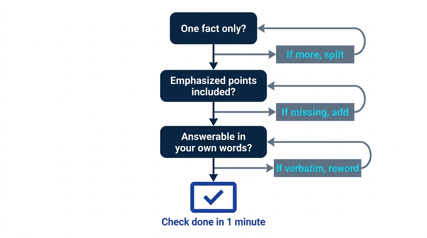 Flow diagram of the one-minute quality check for AI-generated flashcards: fact count, missing emphasized points, question form