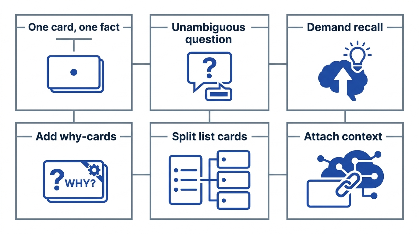 Overview diagram of the six rules for effective flashcards: one fact, unambiguous question, recall not recognition, why cards, split lists, add context