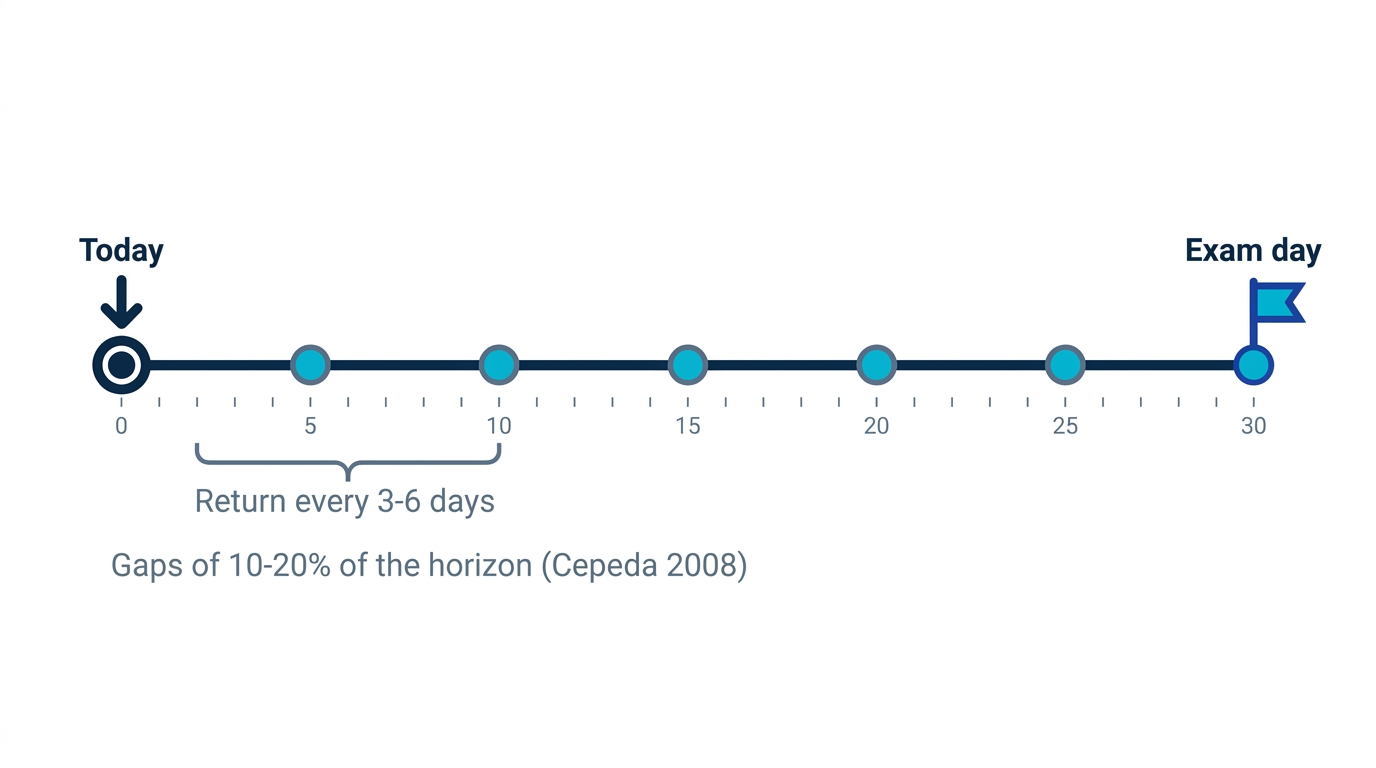 Diagram showing that with 30 days until the exam, review gaps of three to six days fall in the efficient spacing range