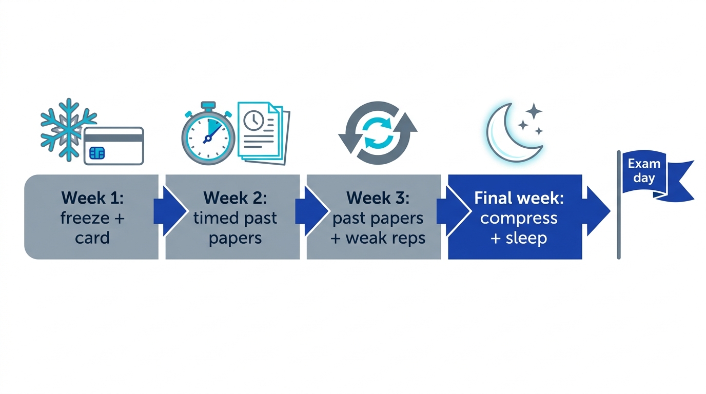 Week-by-week plan for the month before an exam: freeze and card in week one, past papers and gap-filling in weeks two and three, compression and sleep in the final week