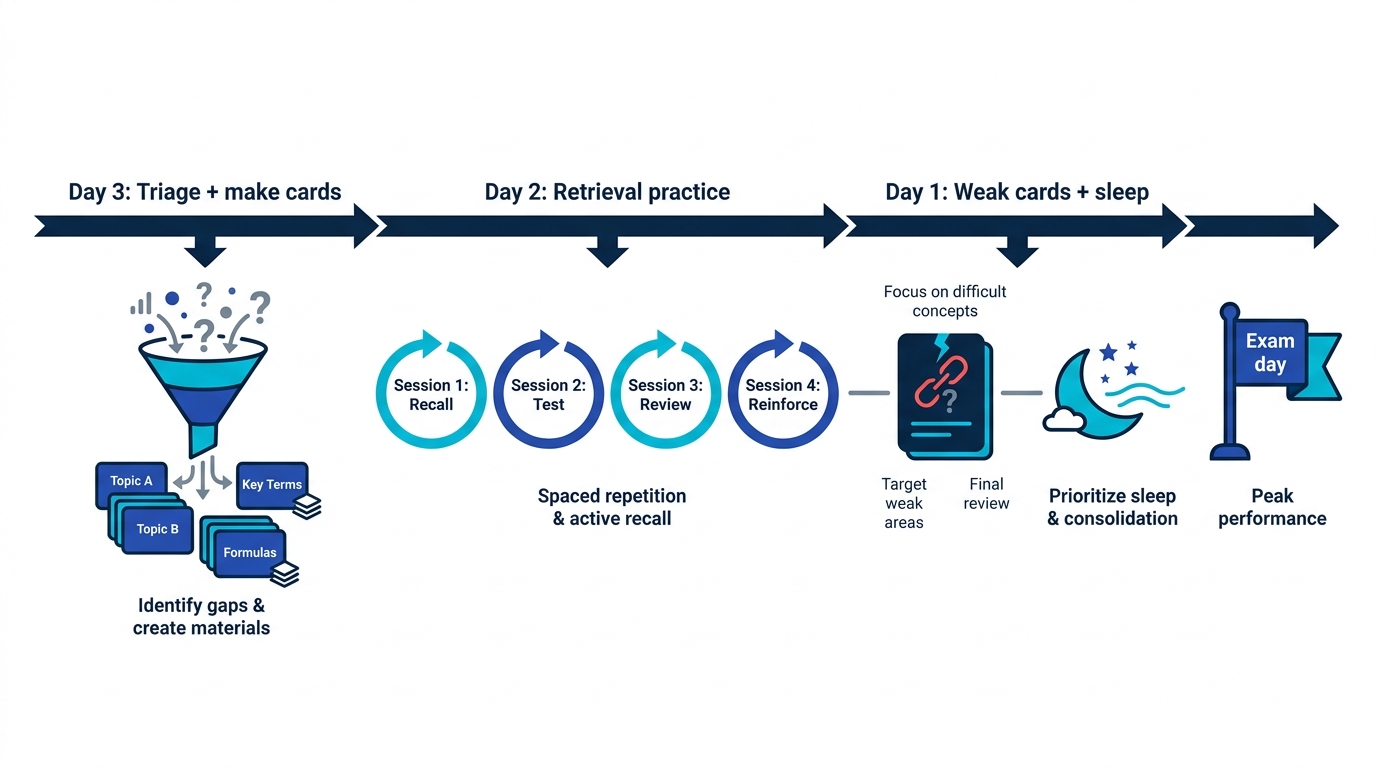 Three-day reverse plan: Day 3 triage and card creation, Day 2 spaced retrieval practice, Day 1 weak cards plus sleep
