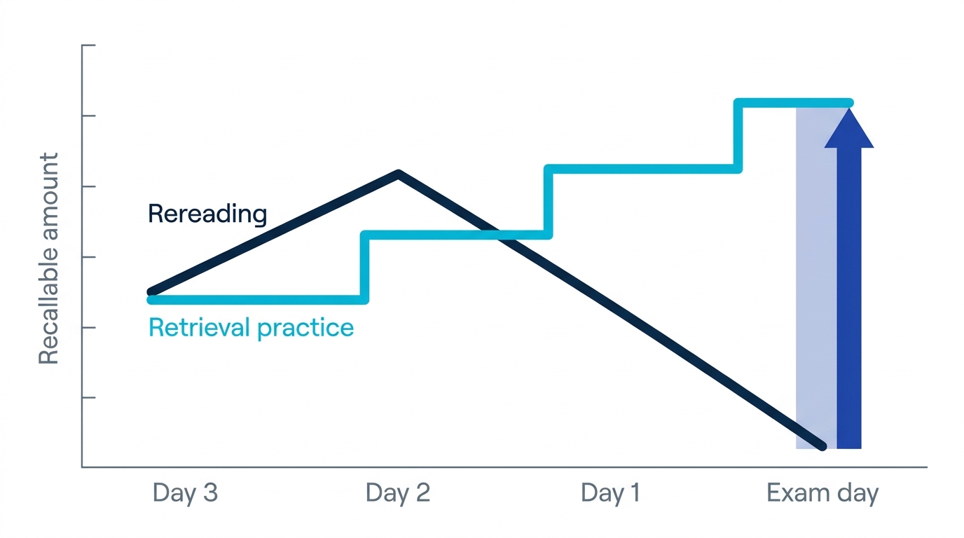 Chart comparing rereading and retrieval practice: recall on exam day drops sharply with rereading but holds with retrieval practice