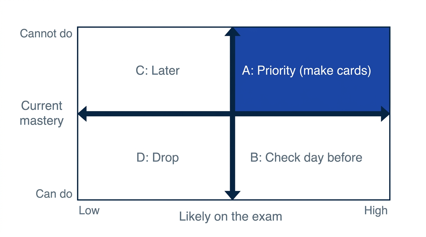 Triage matrix sorting exam material by two axes: likelihood of being tested and current mastery