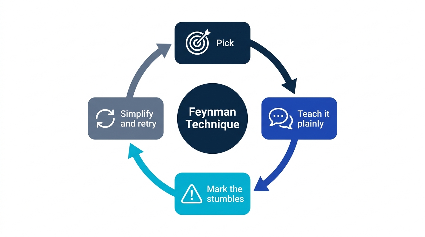 Cycle diagram of the four Feynman Technique steps: pick a concept, teach it plainly, mark the stumbles, simplify and retry
