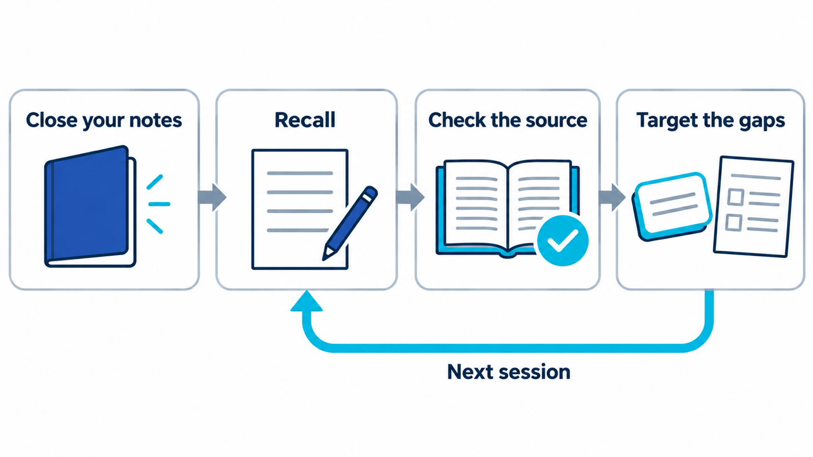 Retrieval practice flows from closing notes to recalling, checking the source, and targeting gaps.