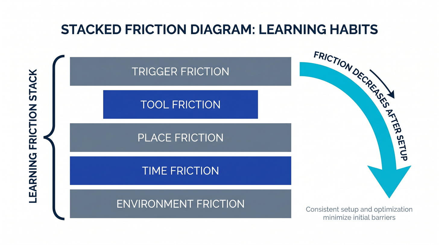 The three-layer stack of environmental friction blocking study initiation - physical, cognitive, and social friction with typical durations