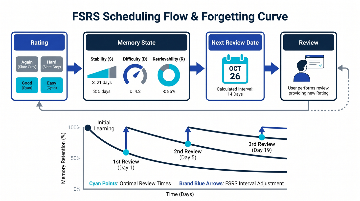 Memly FSRS scheduling flow - user response updates the memory model which produces the next review date at the 90% retention threshold