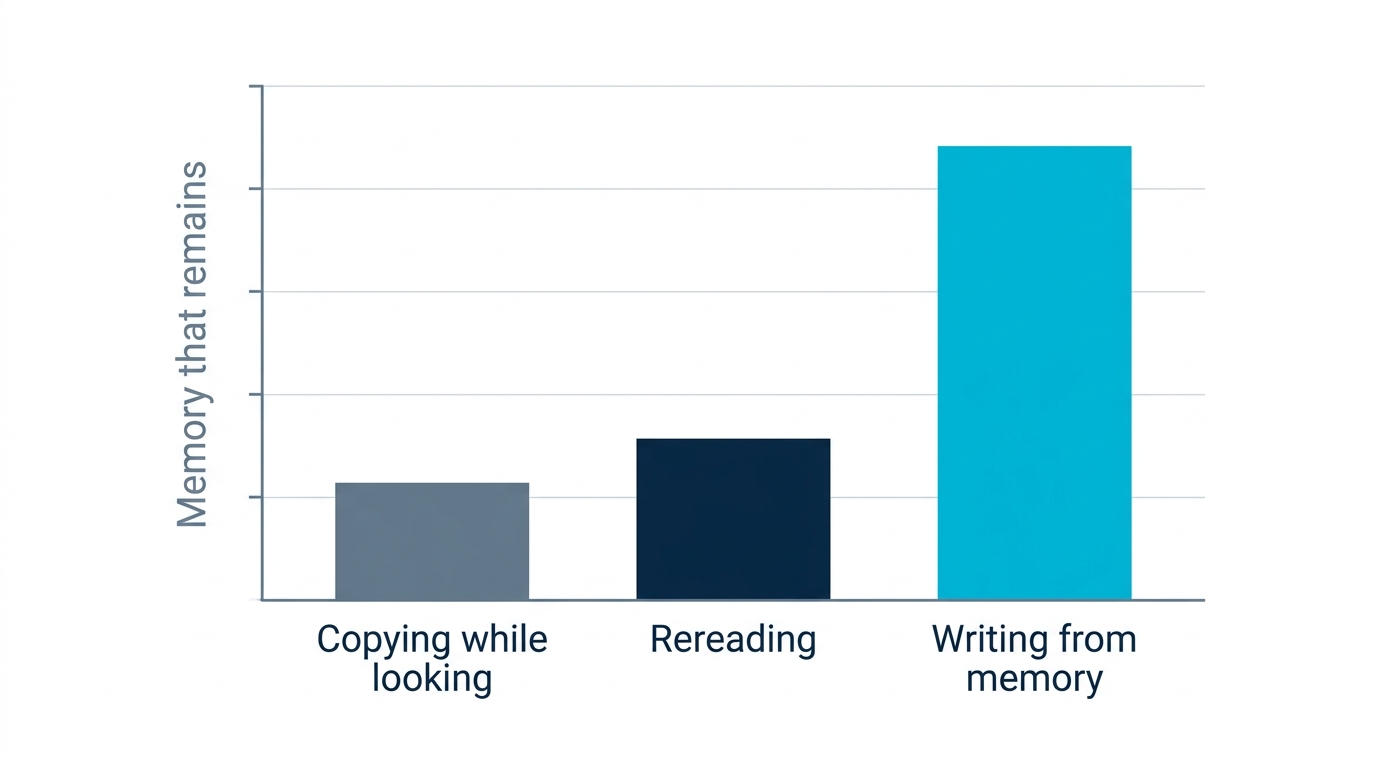 Chart comparing retention after spending the same 30 minutes copying, rereading, or writing from memory, with recall-writing clearly ahead