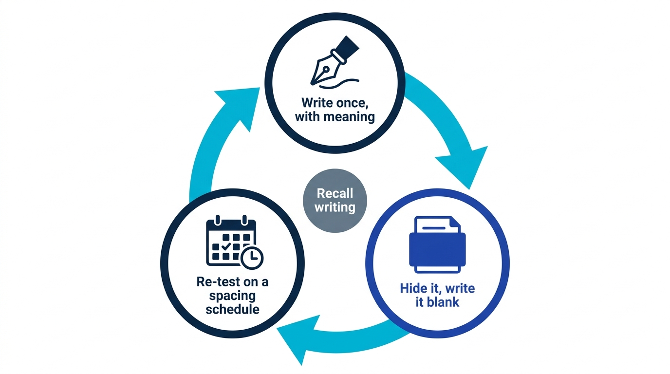 Recall-writing cycle: write once with attention, hide and write from memory, then re-test at expanding intervals
