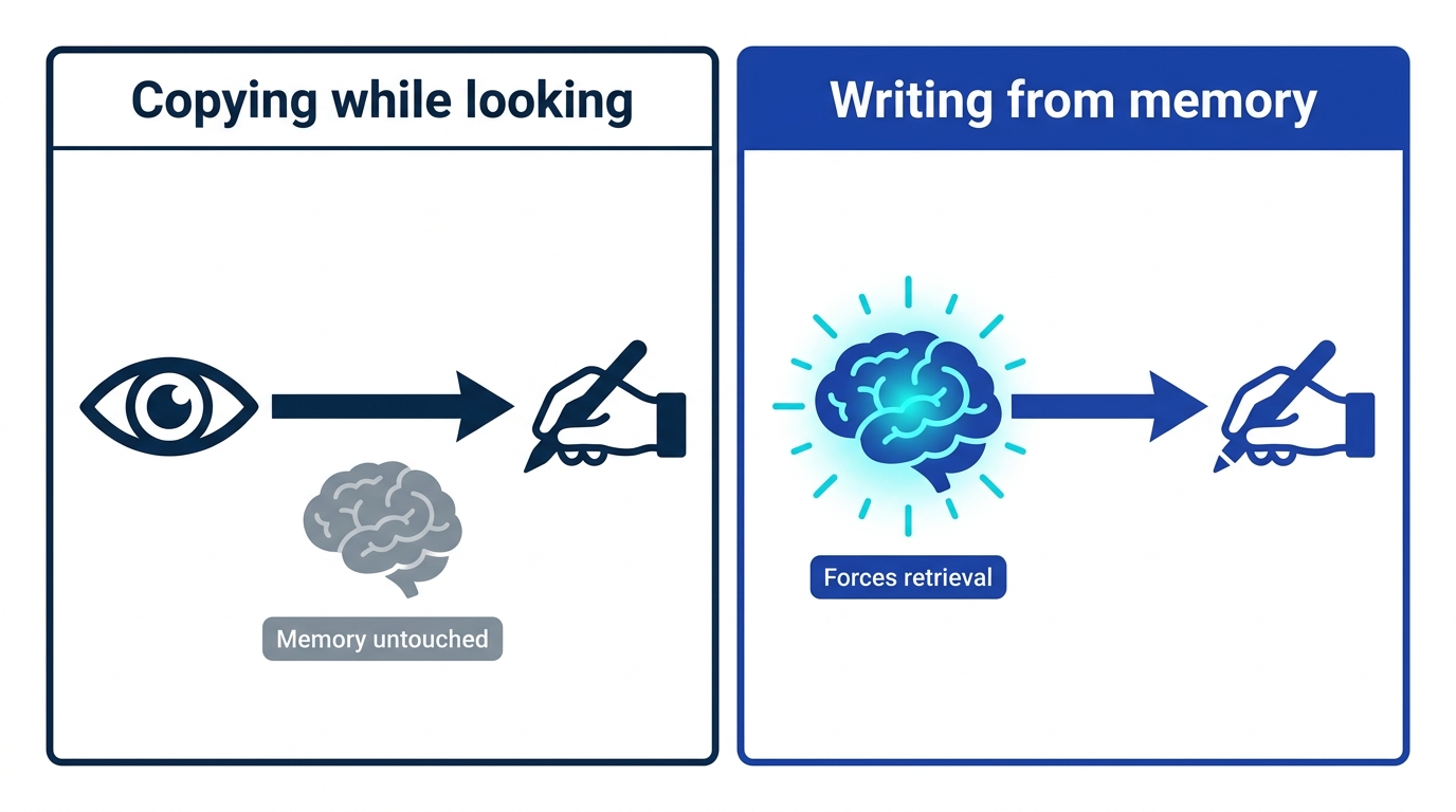 Comparison diagram: copying while looking passes information from eyes to hand without touching memory, while writing from memory forces retrieval