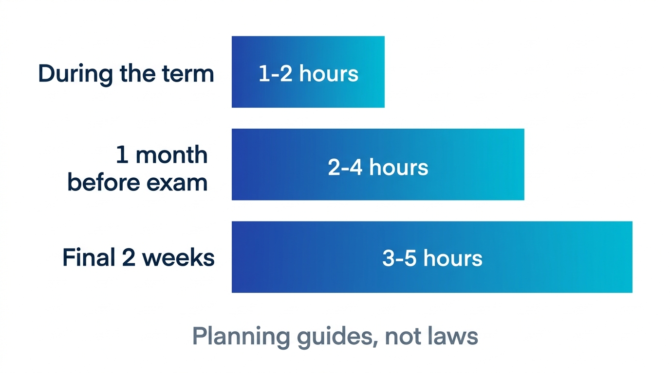 Situational study-time guides: 1-2 hours daily during the term, 2-4 hours in the month before an exam, 3-5 hours in the final two weeks
