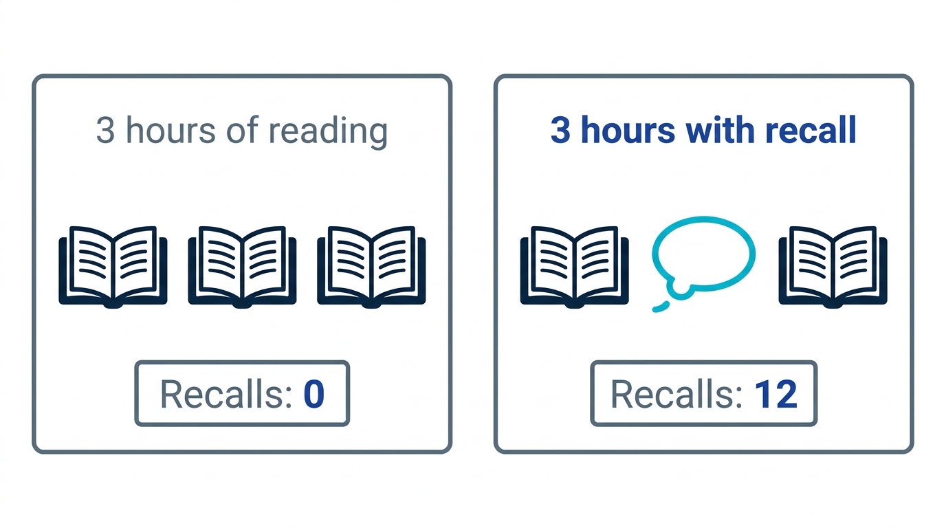 Comparison of the same three hours: reading only yields zero recalls, while interleaving recall yields a dozen retrieval successes