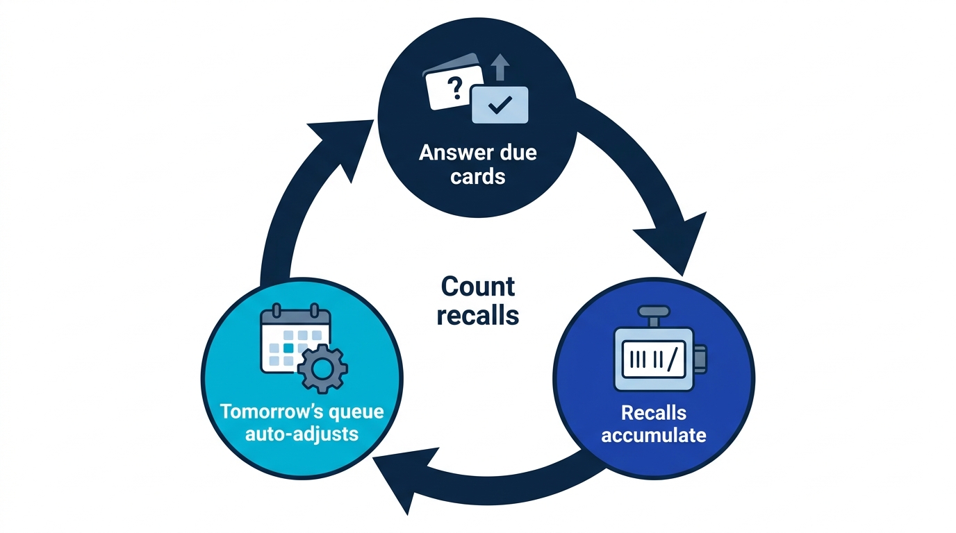 Loop diagram: answer due cards, recall successes accumulate, and tomorrow's queue adjusts automatically