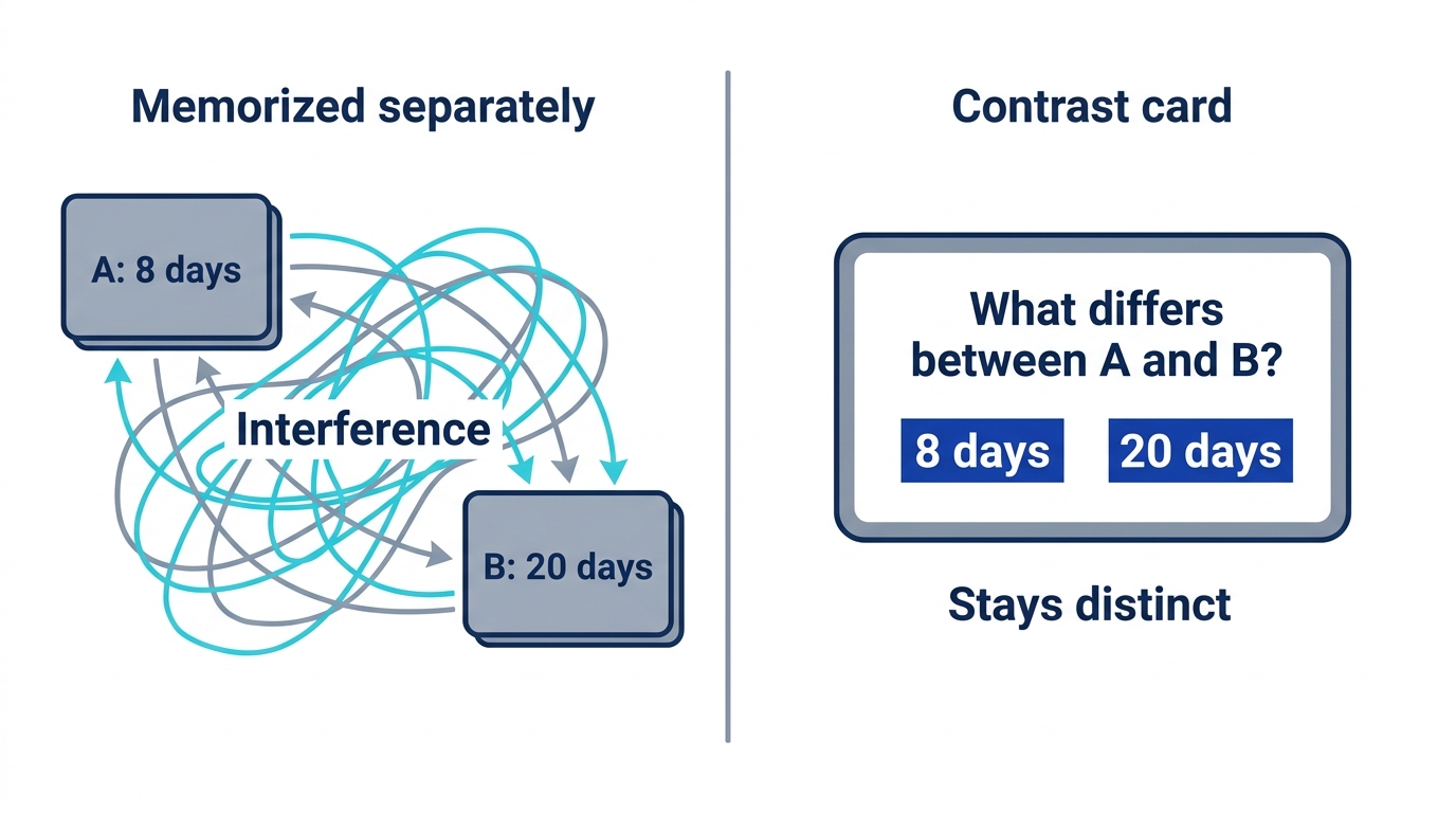 Similar legal provisions memorized separately blur together, while contrast cards that ask what differs keep them distinct