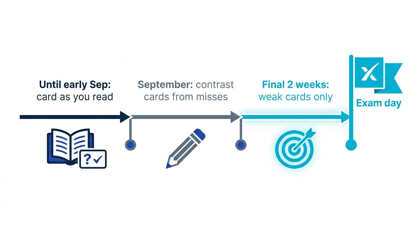 Backwards-planned timeline to an autumn exam: input and element-effect cards, contrast cards from practice questions, weak-card focus in the final weeks
