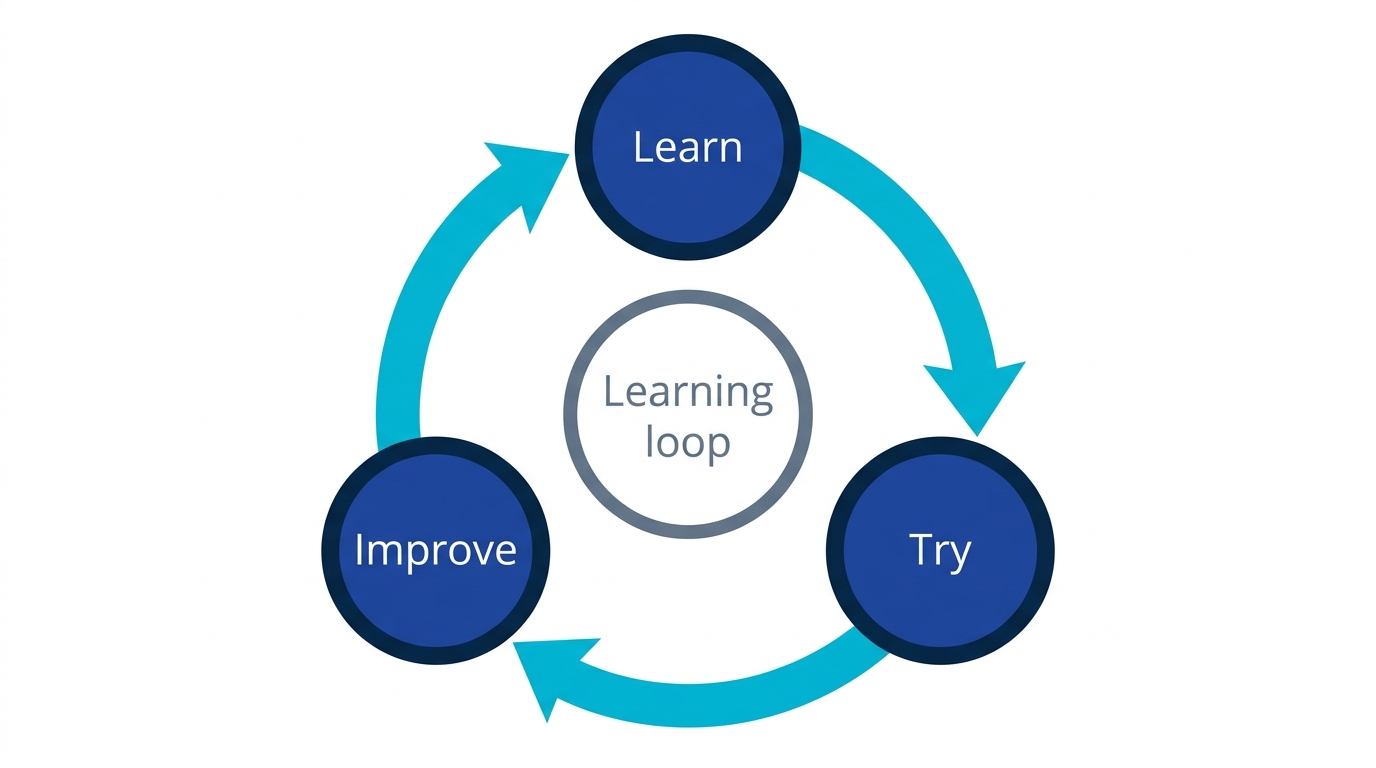 A learning loop diagram - learn, try, improve, spinning in a circle