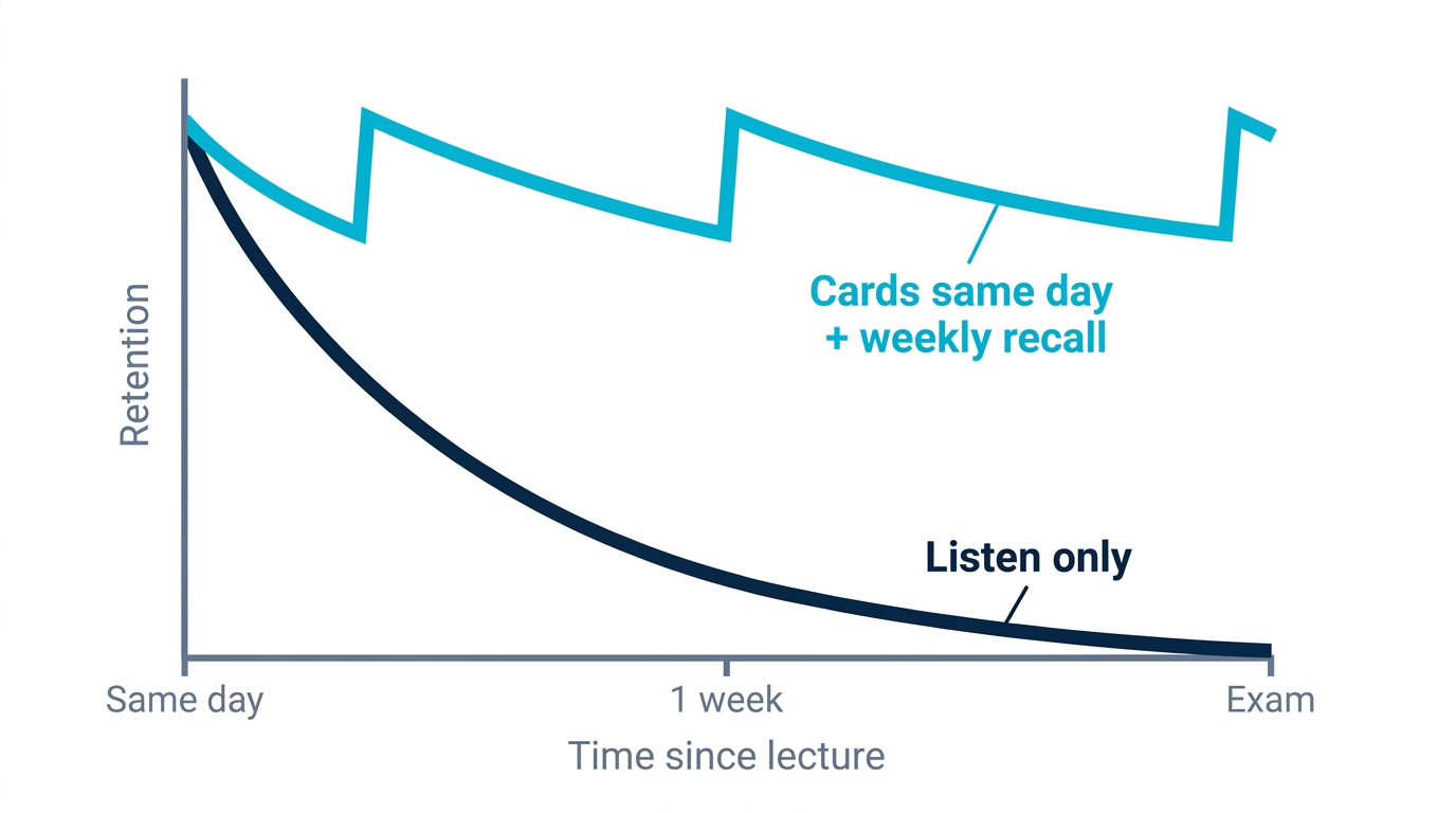 Forgetting curve after a lecture: without review most content fades within days, while weekly retrieval keeps it alive until the exam