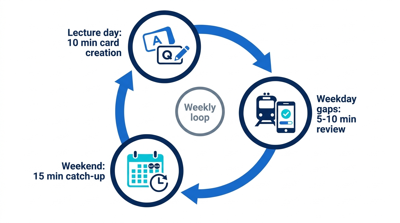 Weekly loop diagram: ten minutes of card creation on lecture day, short weekday reviews, and a fifteen-minute weekend review